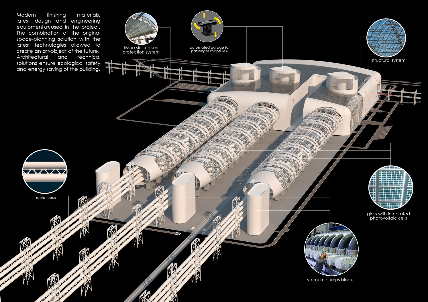 Axonometric view showing three parallel tube structures with supporting infrastructure and circular detail callouts