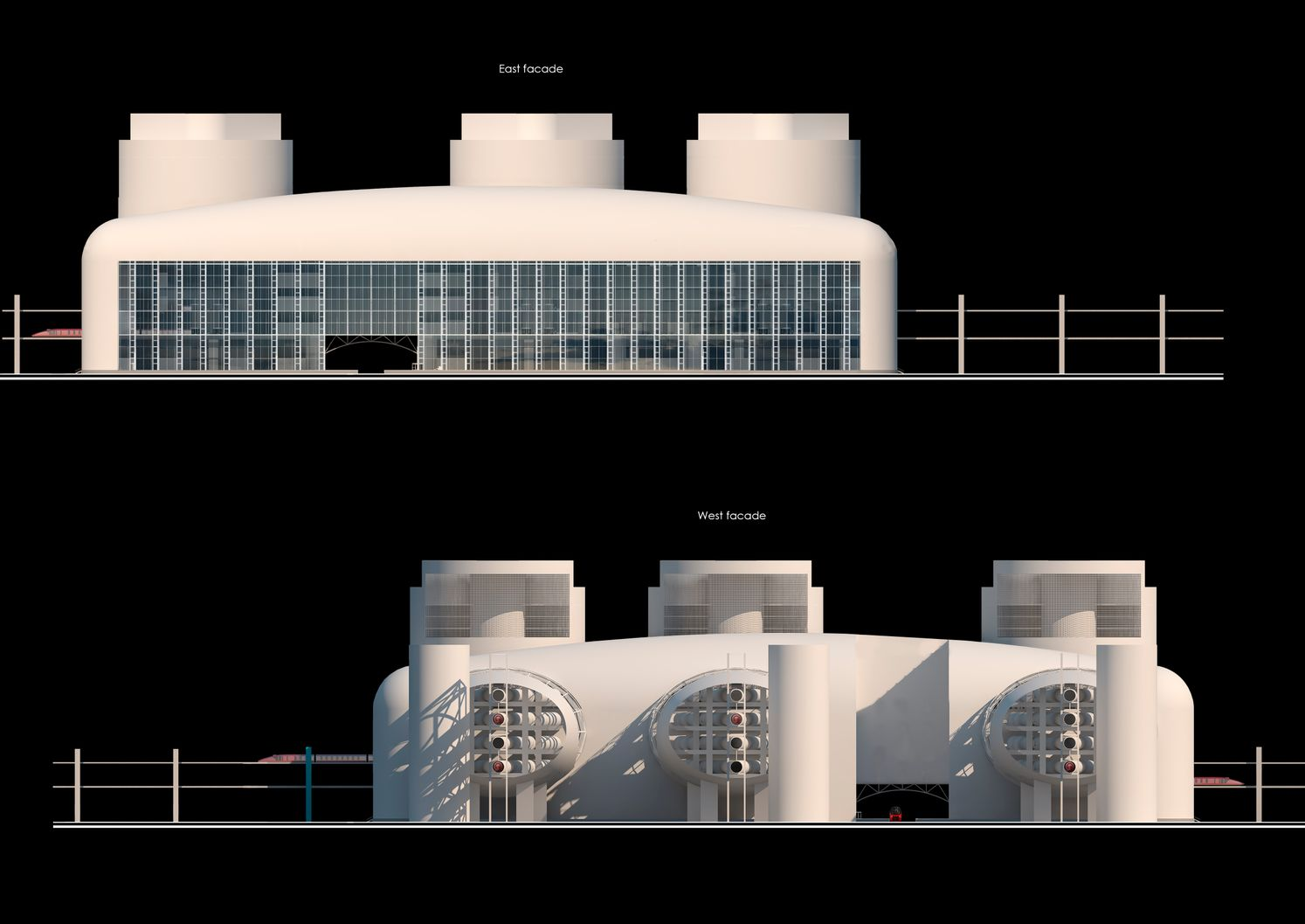 Elevation drawings showing east and west facades with cylindrical towers and glazed curtain wall systems