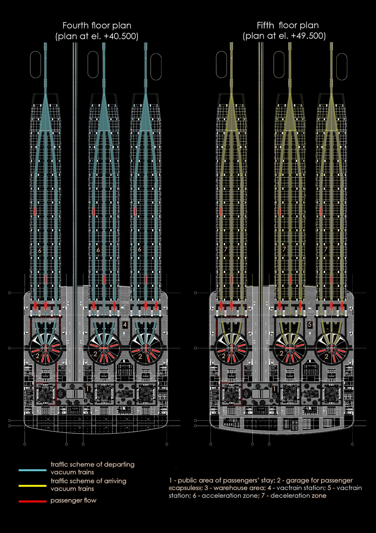 Floor plan drawings of fourth and fifth levels showing three tube volumes with color-coded circulation paths