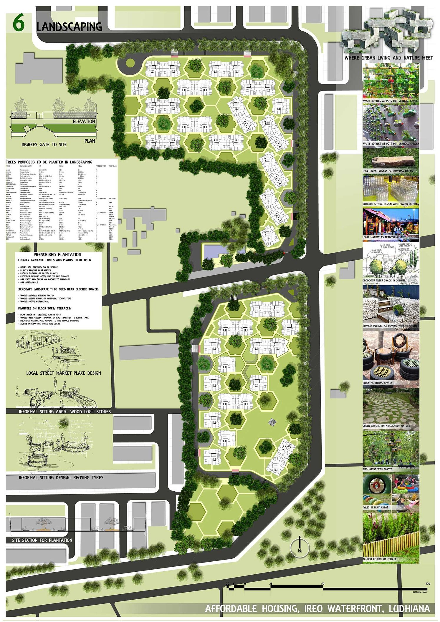 Site plan drawing showing hexagonal clusters of residential buildings surrounded by landscaping and streets