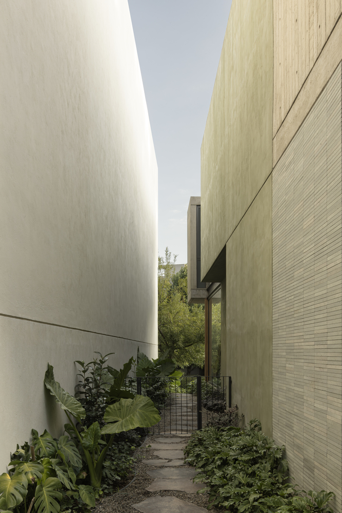 Narrow side passage between white and beige textured walls lined with tropical plantings