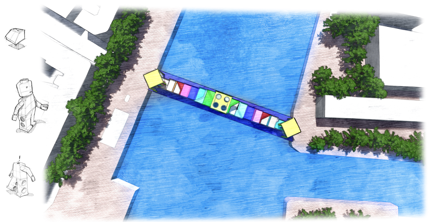 Aerial view of the LEGO Bridge, illustrating its modular urban bridge architecture spanning water while connecting active public realms.