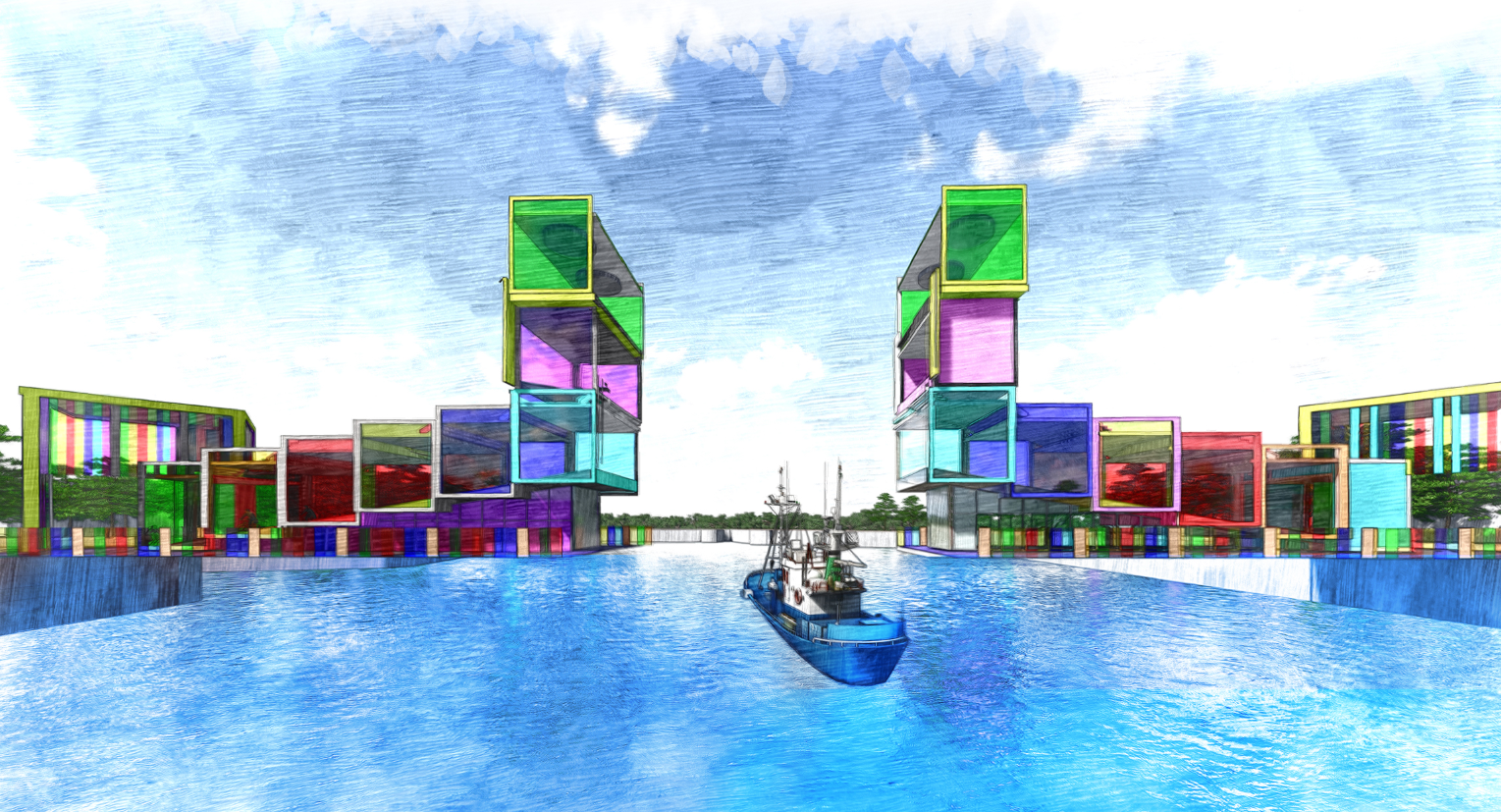 Opening sequence visualization, demonstrating the flexible cube-based system that allows the bridge to transform and open for navigation.