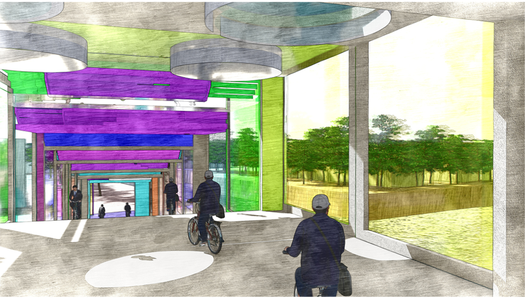 Interior cycling experience, where light, color, and modular form turn everyday movement into an engaging spatial journey.
