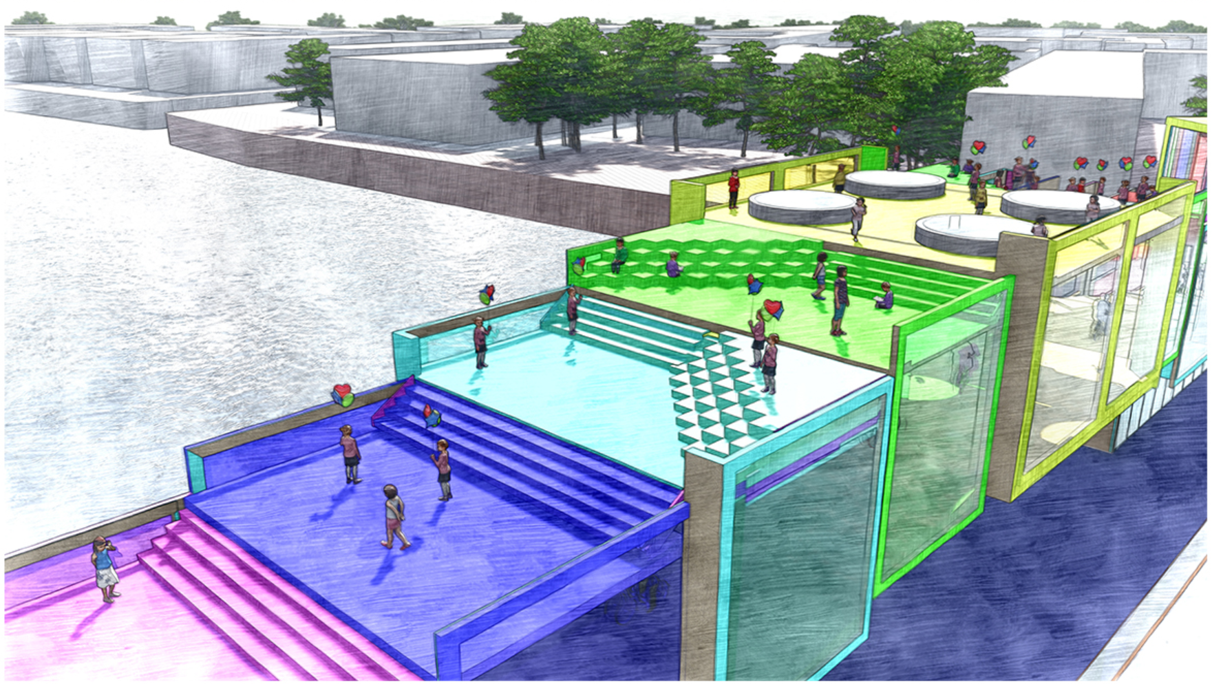 Public activity platforms, designed as stepped and terraced spaces for gathering, play, and community events over water.