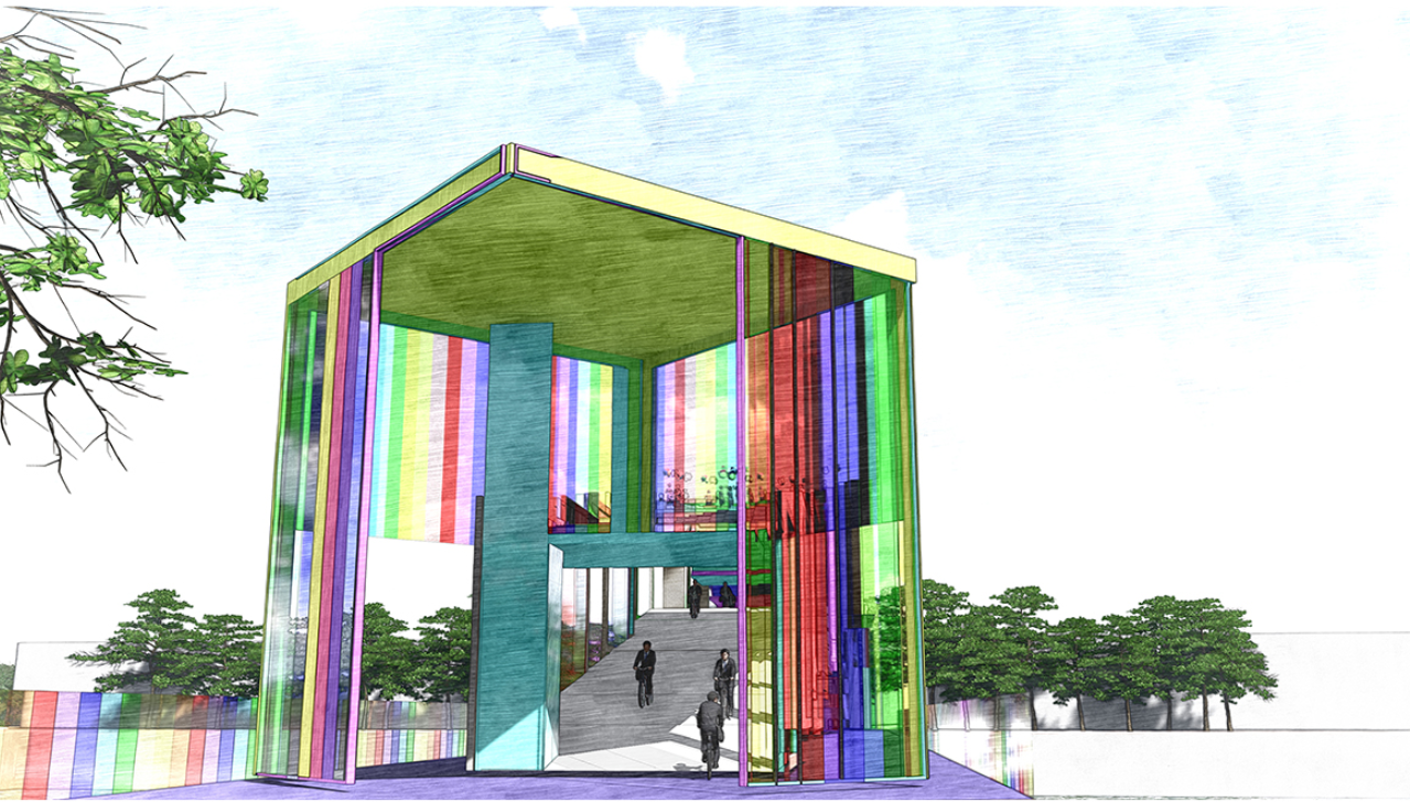 Entrance cube as an urban gateway, marking the bridge as a recognizable landmark while welcoming pedestrians and cyclists.