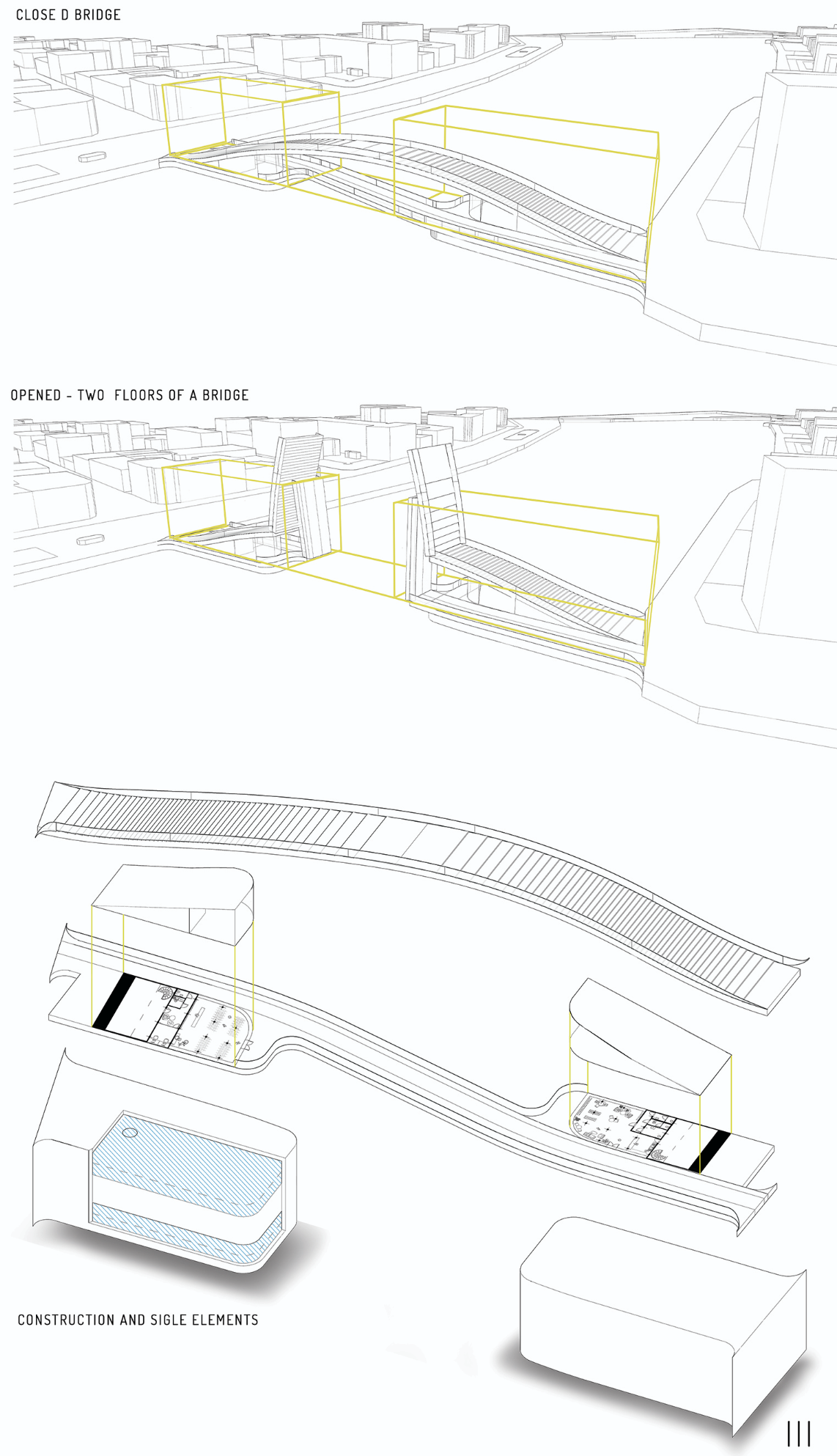 Exploded axonometric showing construction logic, internal systems, and modular bridge components.