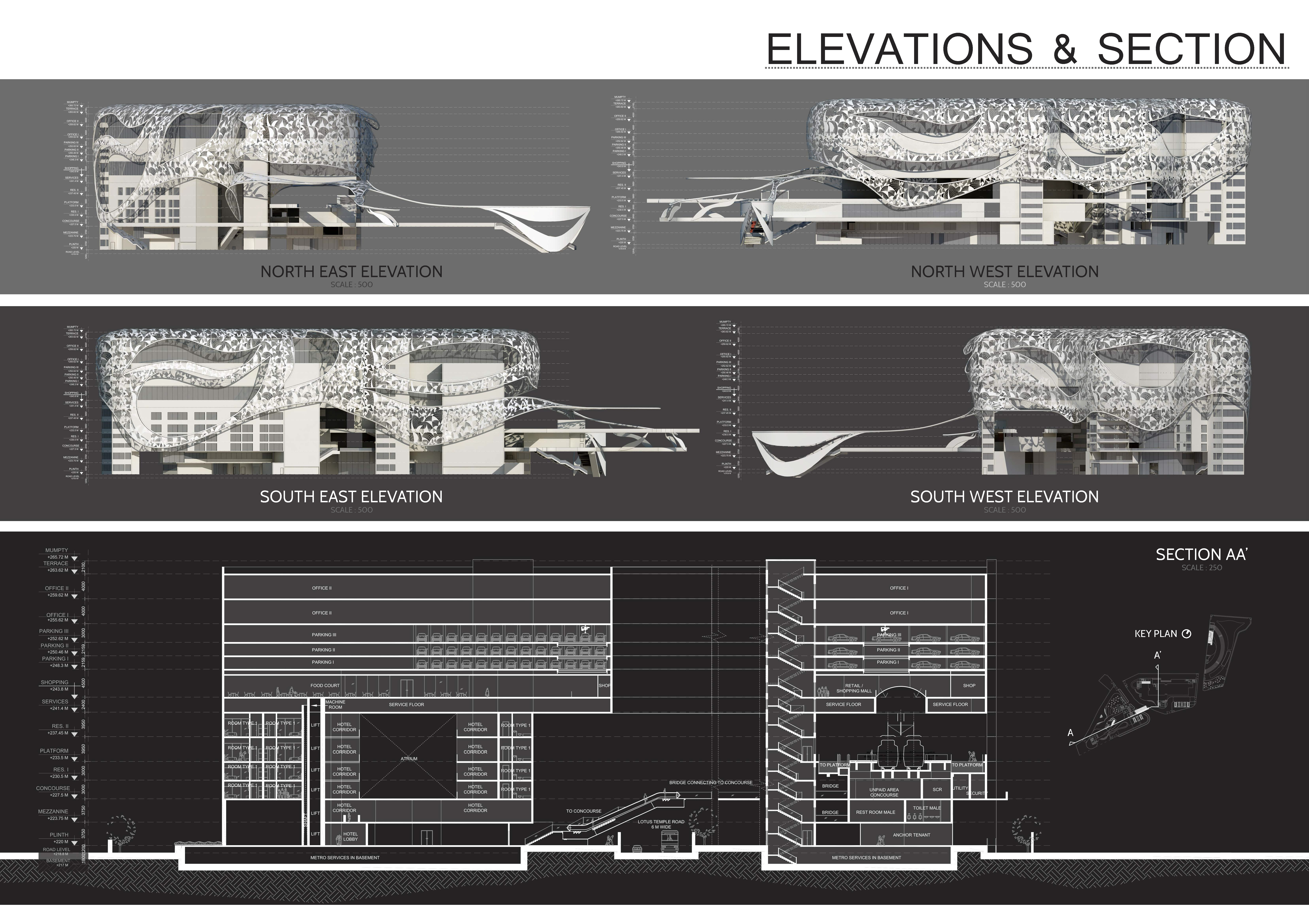 Elevation and section drawings showing the terraced facade and internal spatial organization