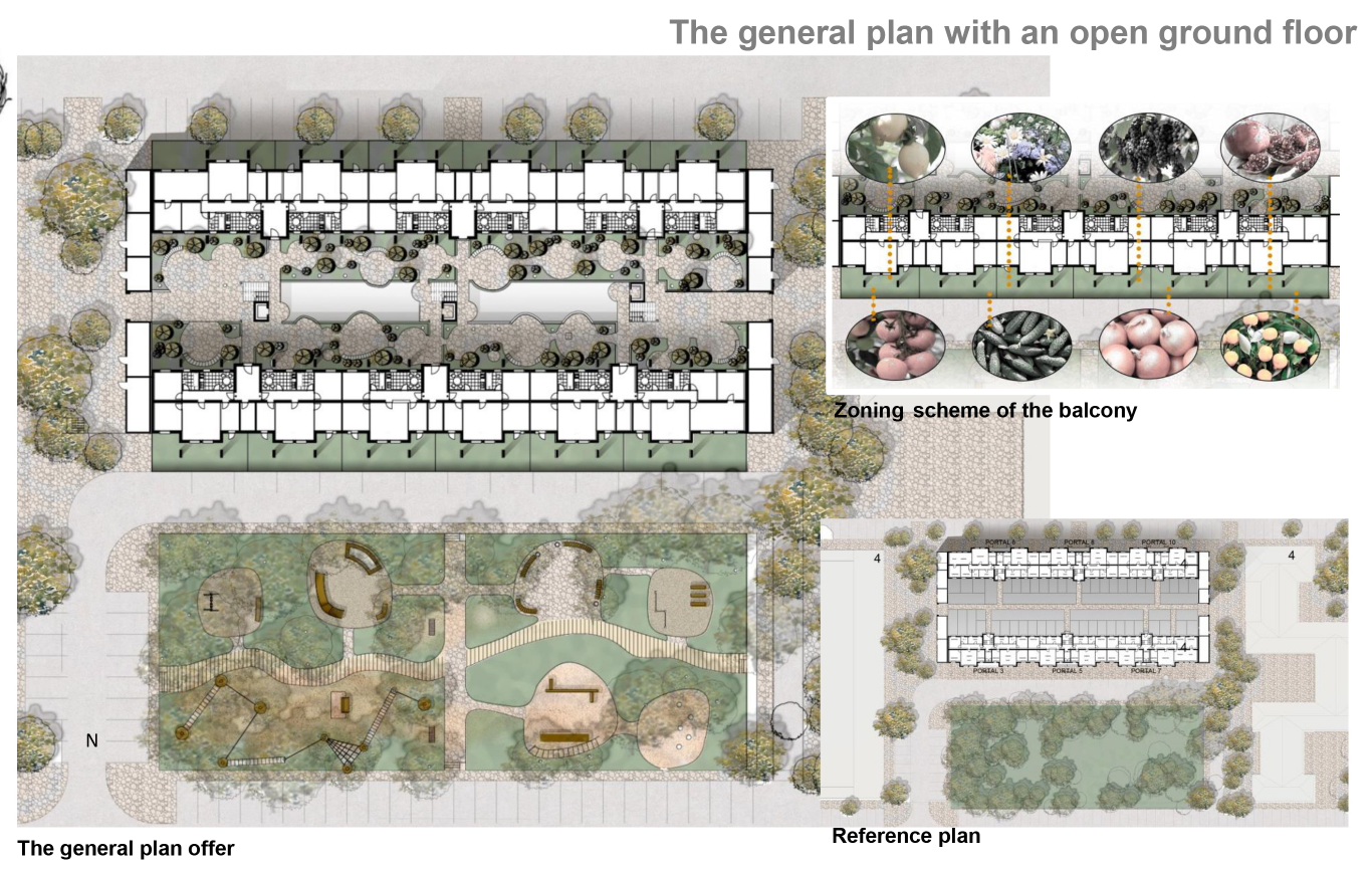 General plan with open ground floor highlighting landscaped courtyards, pedestrian circulation, and communal activity zones.