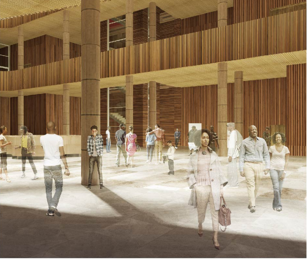 Public atrium activated by natural light, timber columns, and social interaction.