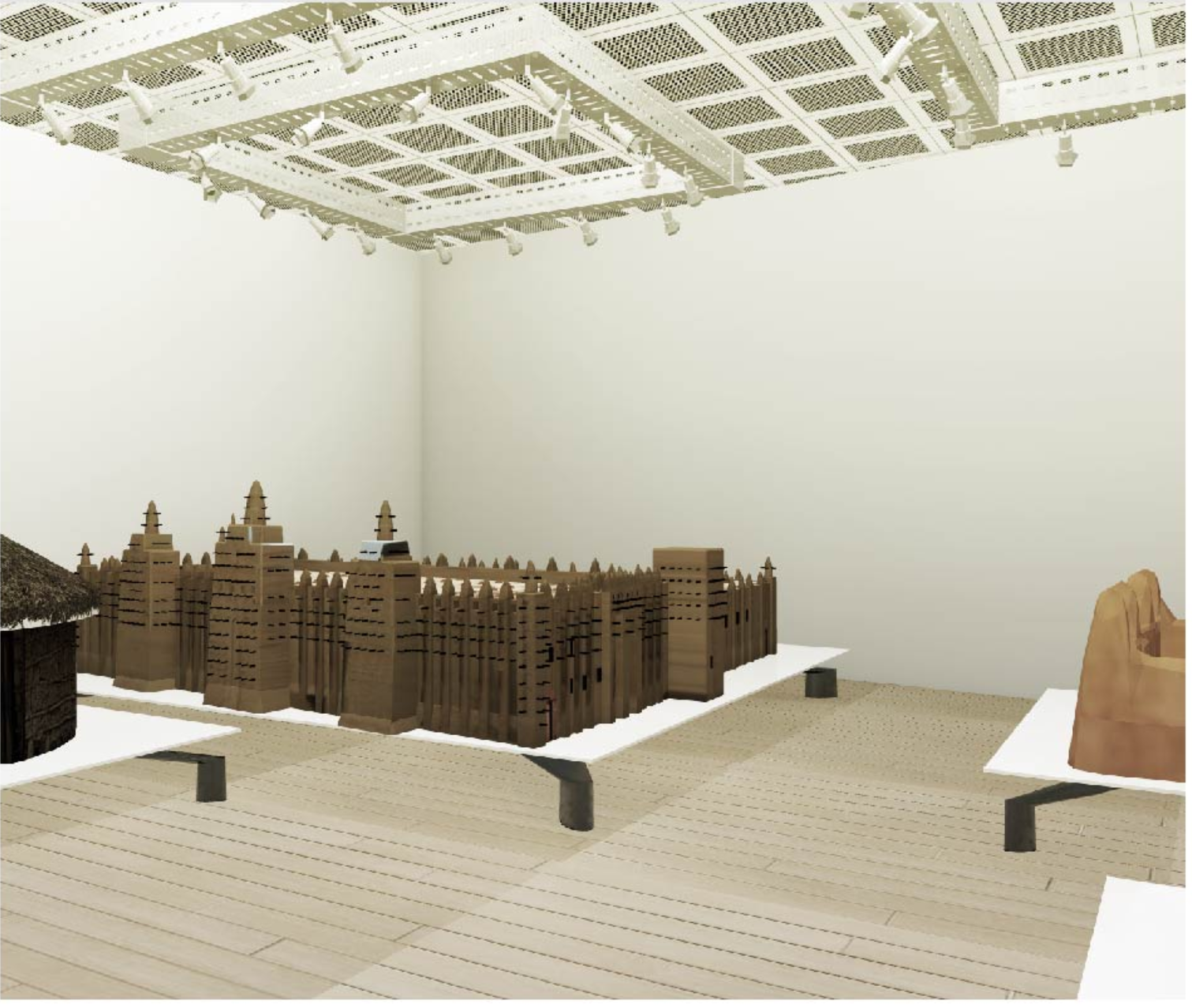 Exhibition space showcasing African architectural heritage beneath a biomimetic ceiling grid.