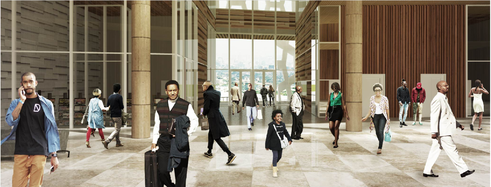 Museum lobby functioning as a social threshold between city, culture, and knowledge.