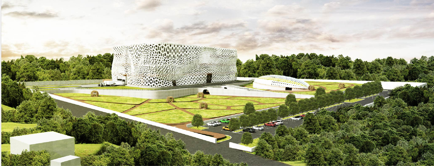 Aerial view of the African Museum of Art and History embedded within a landscaped site.