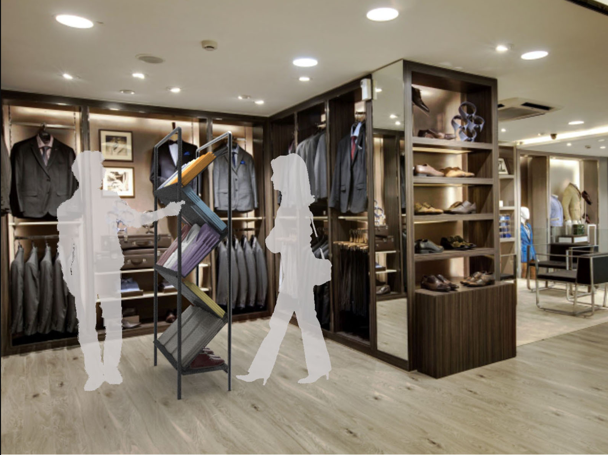 Compact modular shelving system integrated seamlessly within a contemporary store layout.