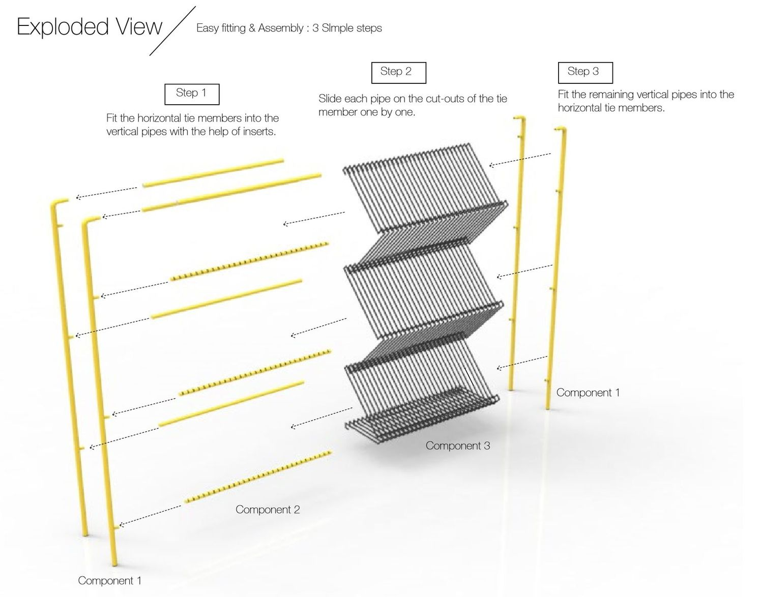 Exploded view of the modular shelving design, illustrating simple assembly and flat-pack construction logic.