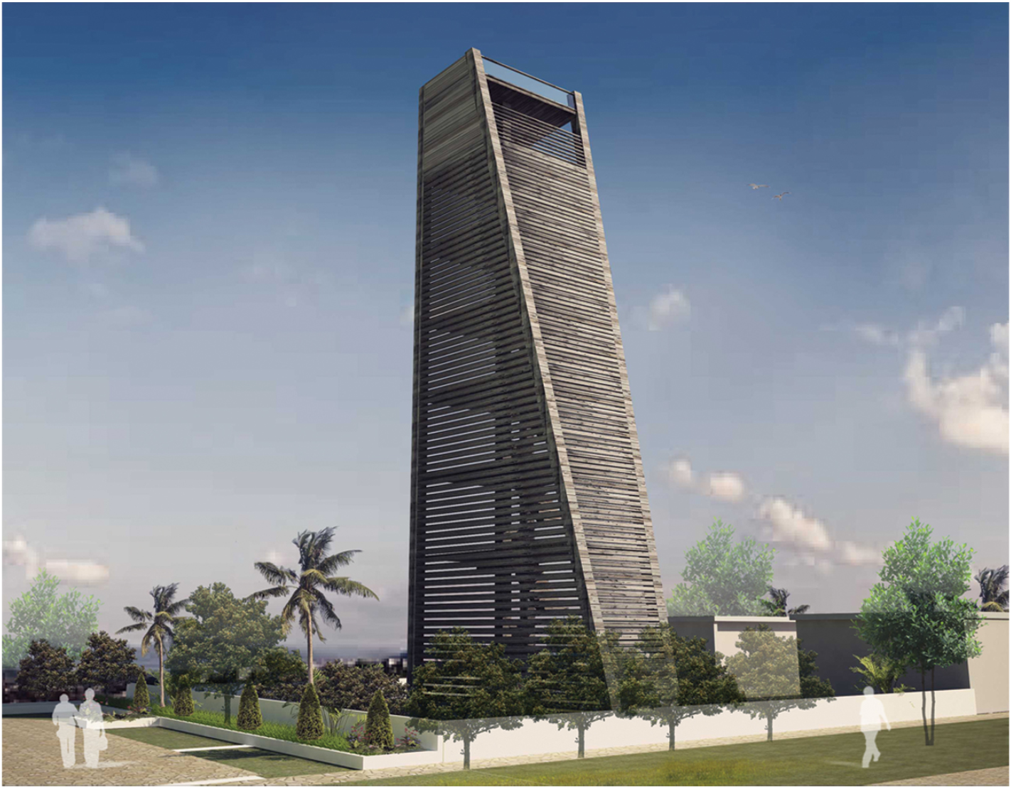 A vertical observation tower acting as a visual marker and orientation point within the research campus.