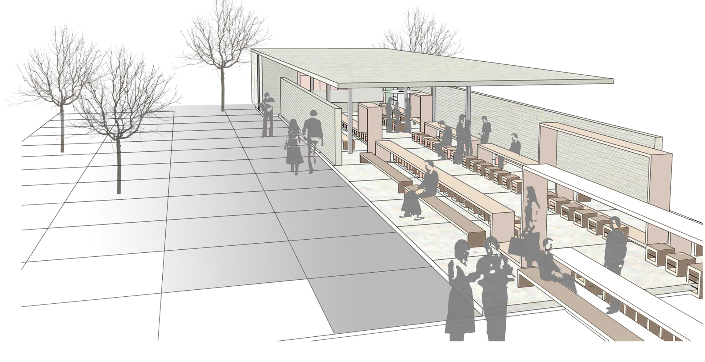 Linear public pavilion designed for gathering, orientation, and informal learning within the landscape.