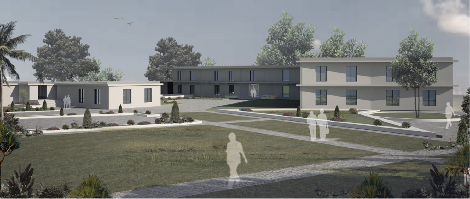 Low-rise research and administrative blocks organized around open green courtyards.