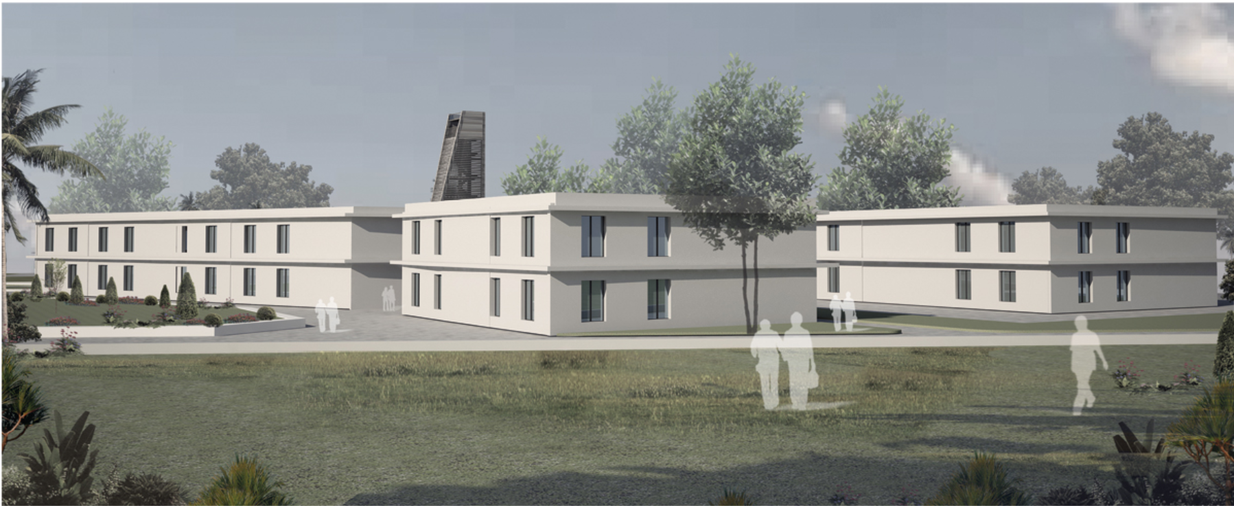 Campus buildings integrated into the terrain, maintaining a horizontal scale against the natural setting.