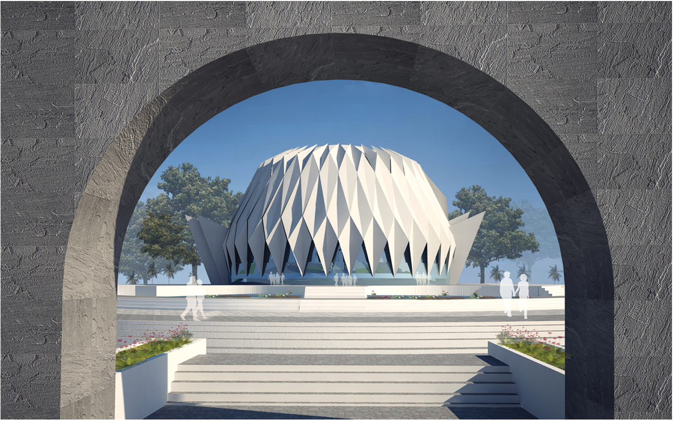 The planetarium dome expressed as a geometric form inspired by cosmic and geological phenomena.