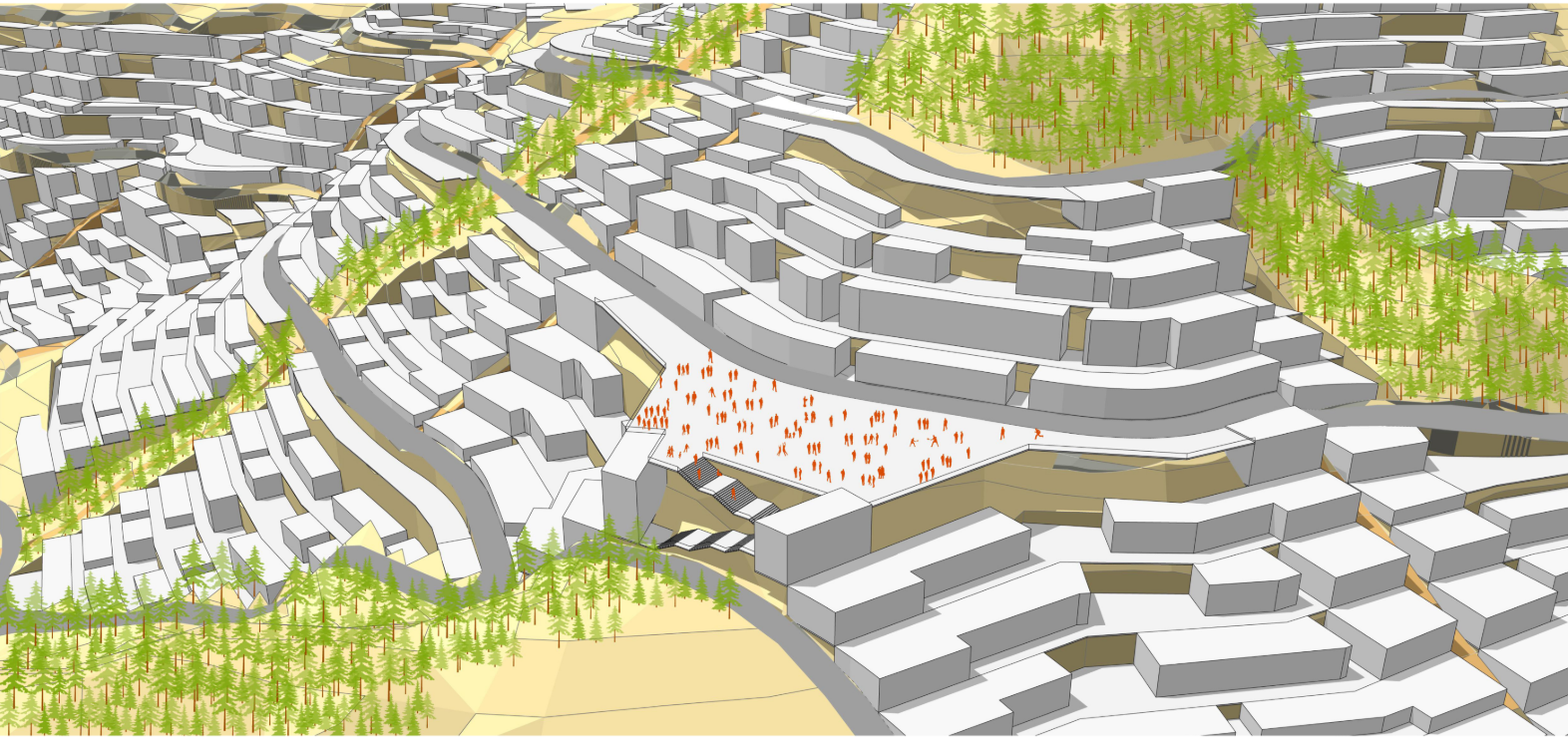 Terraced neighborhood clusters step along the contours, forming a central public plaza integrated within the sloping terrain.