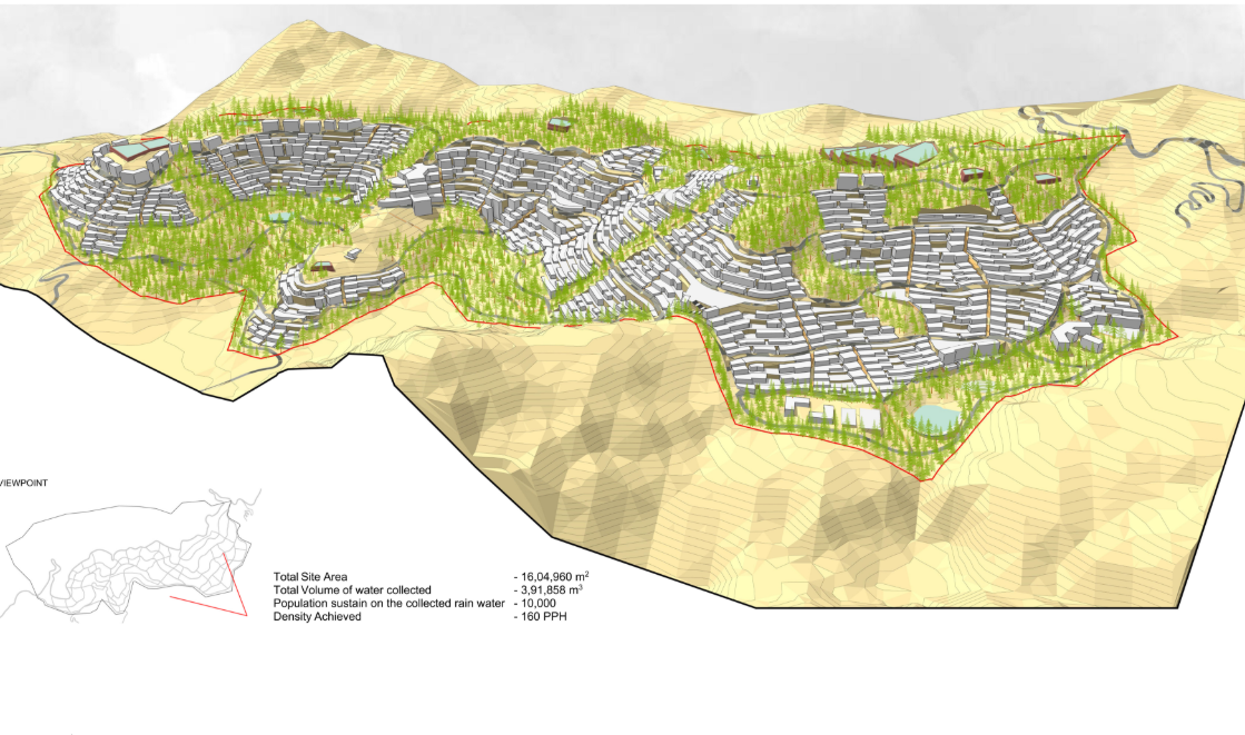 Overall masterplan view highlighting compact urban clusters embedded within forested landscapes and natural drainage systems.