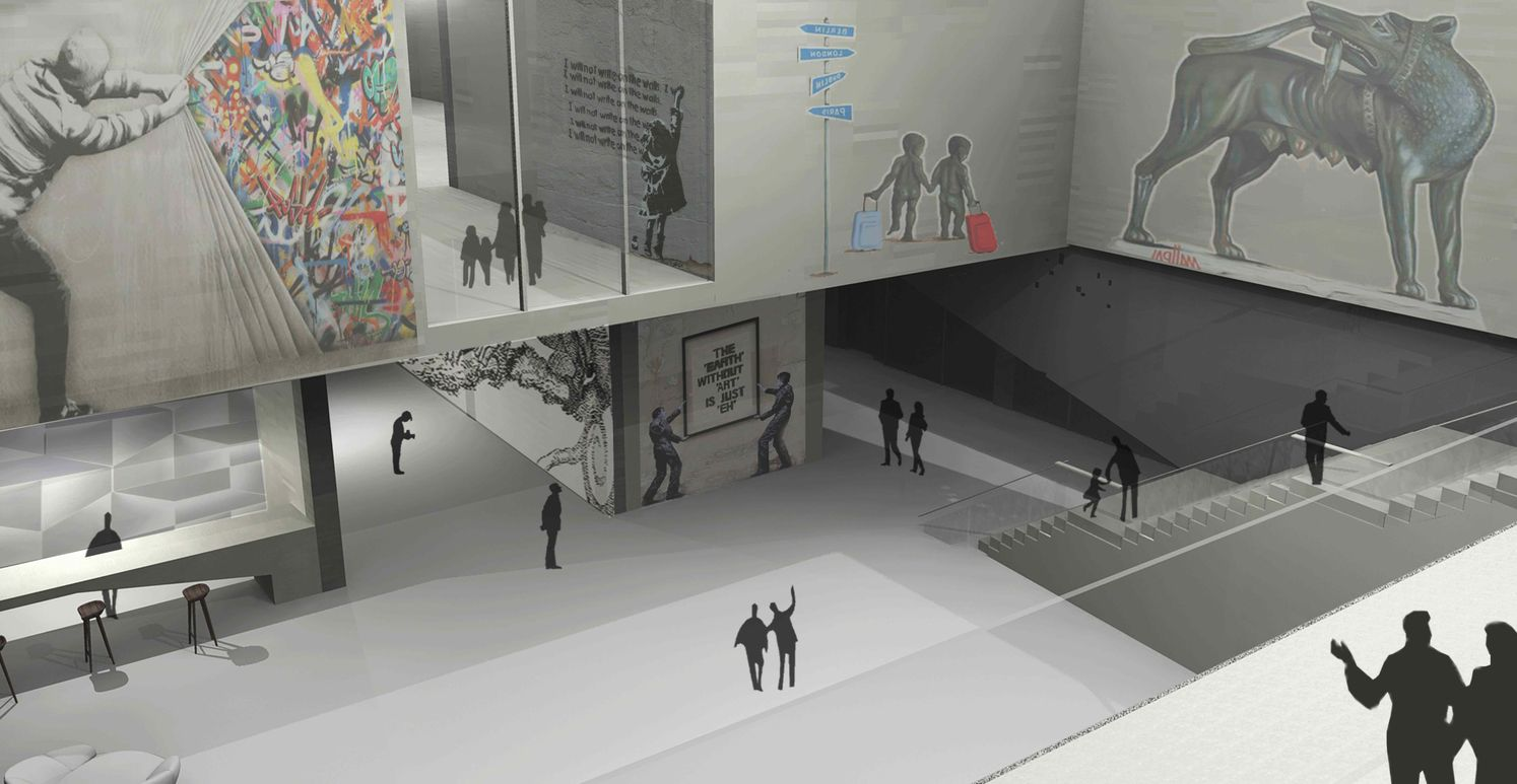 Street art reinterpreted indoors through open, flexible exhibition spaces.