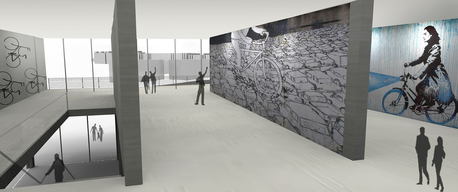 A multi-level interior conceived as a continuous urban promenade.