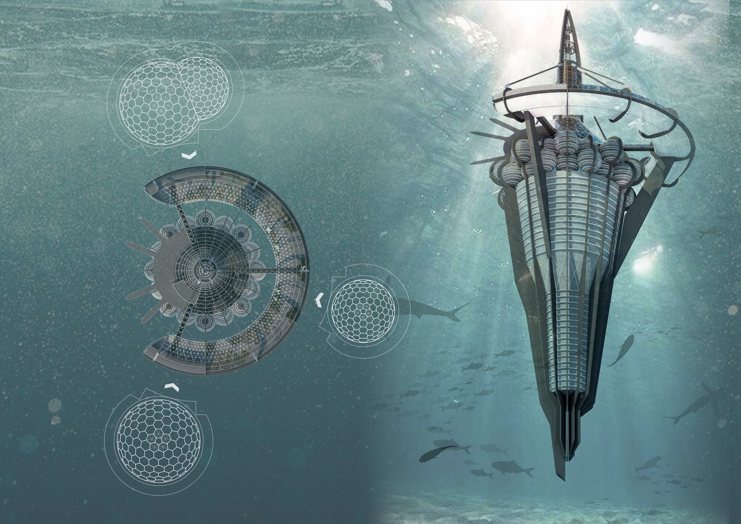 Structural and spatial axonometric, highlighting the modular geometry, energy systems, and circulation logic of the complex.
