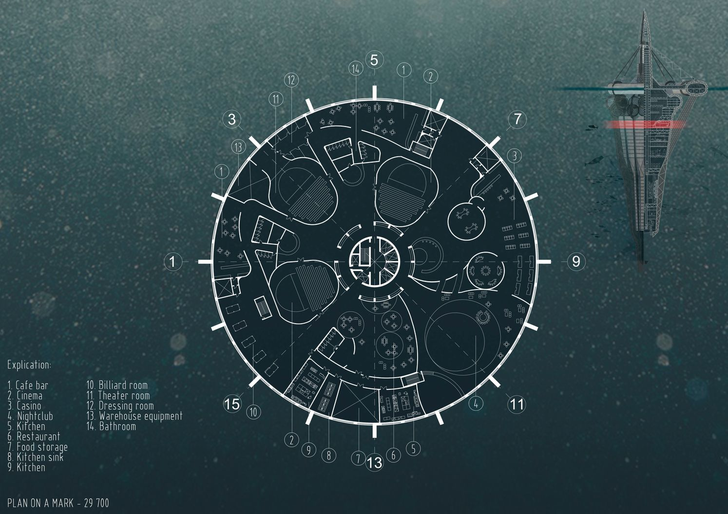 Circular plan of recreational facilities, organizing dining, entertainment, and public amenities around a resilient offshore core.