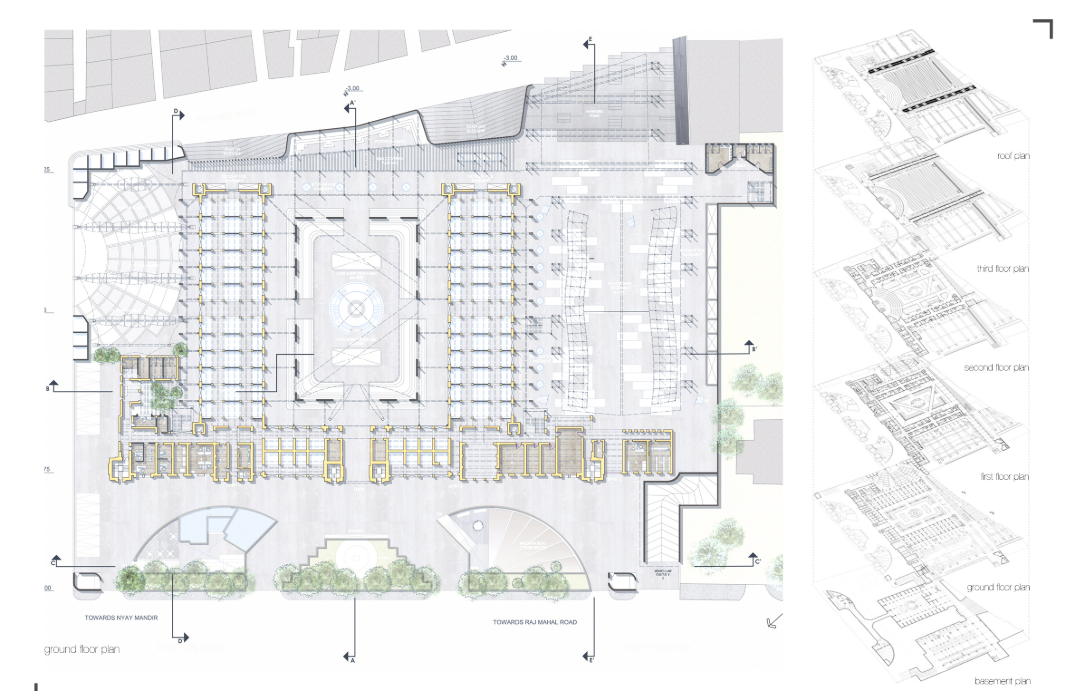 Ground floor plan showing reorganisation of market stalls, central court, circulation spines, and public interfaces.