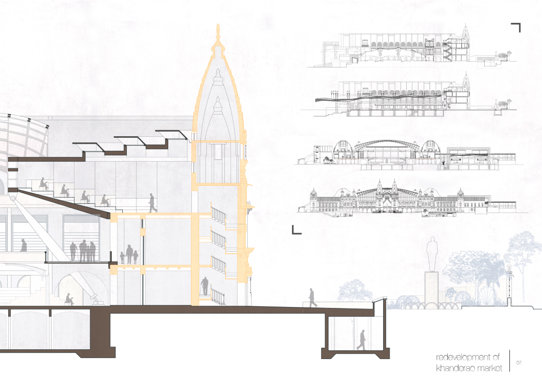 Sectional study highlighting spatial layering, structural intervention, and continuity between old and new volumes.
