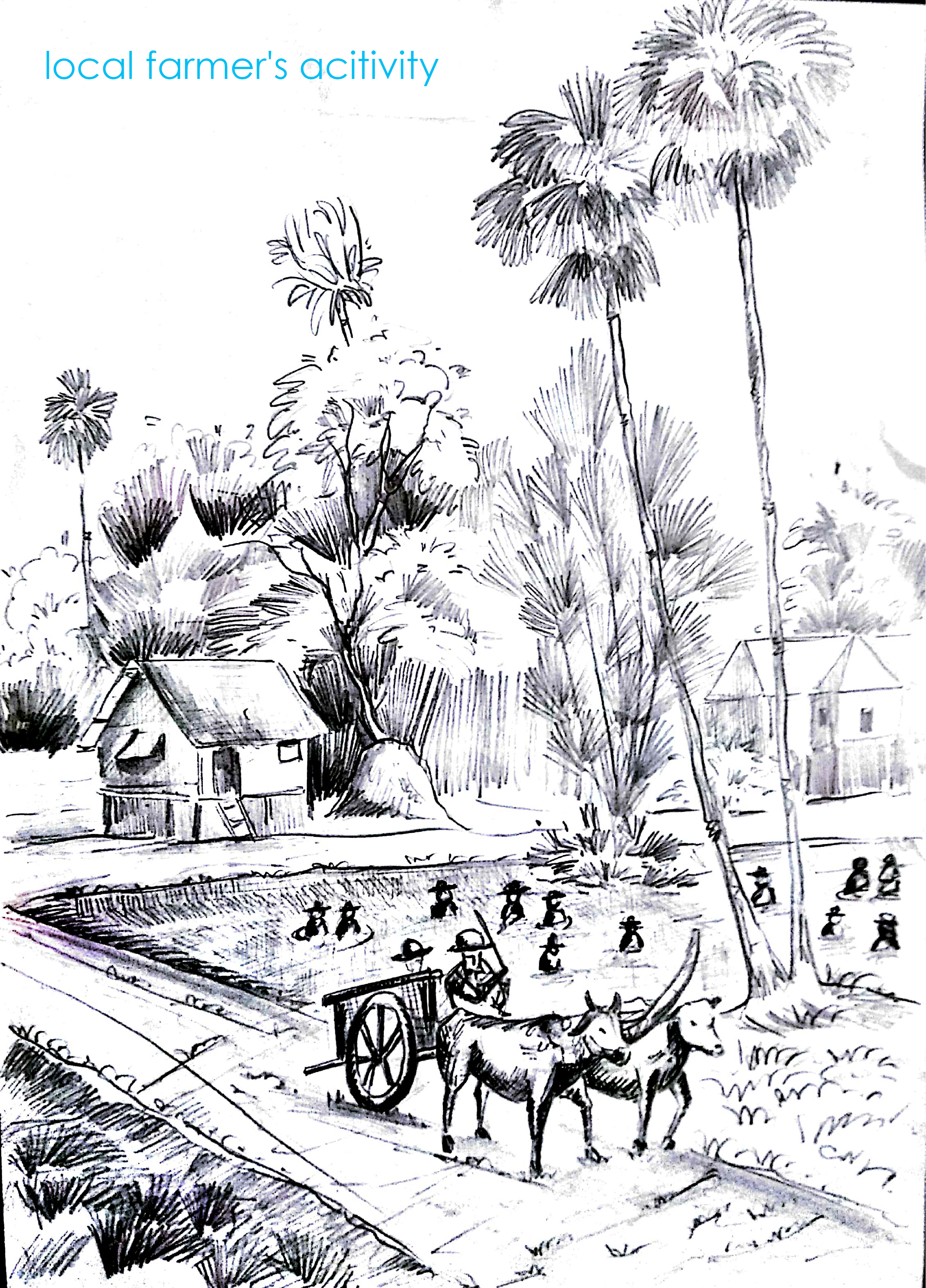 Local farmer activity integrated with nature, settlement patterns, and traditional mobility.