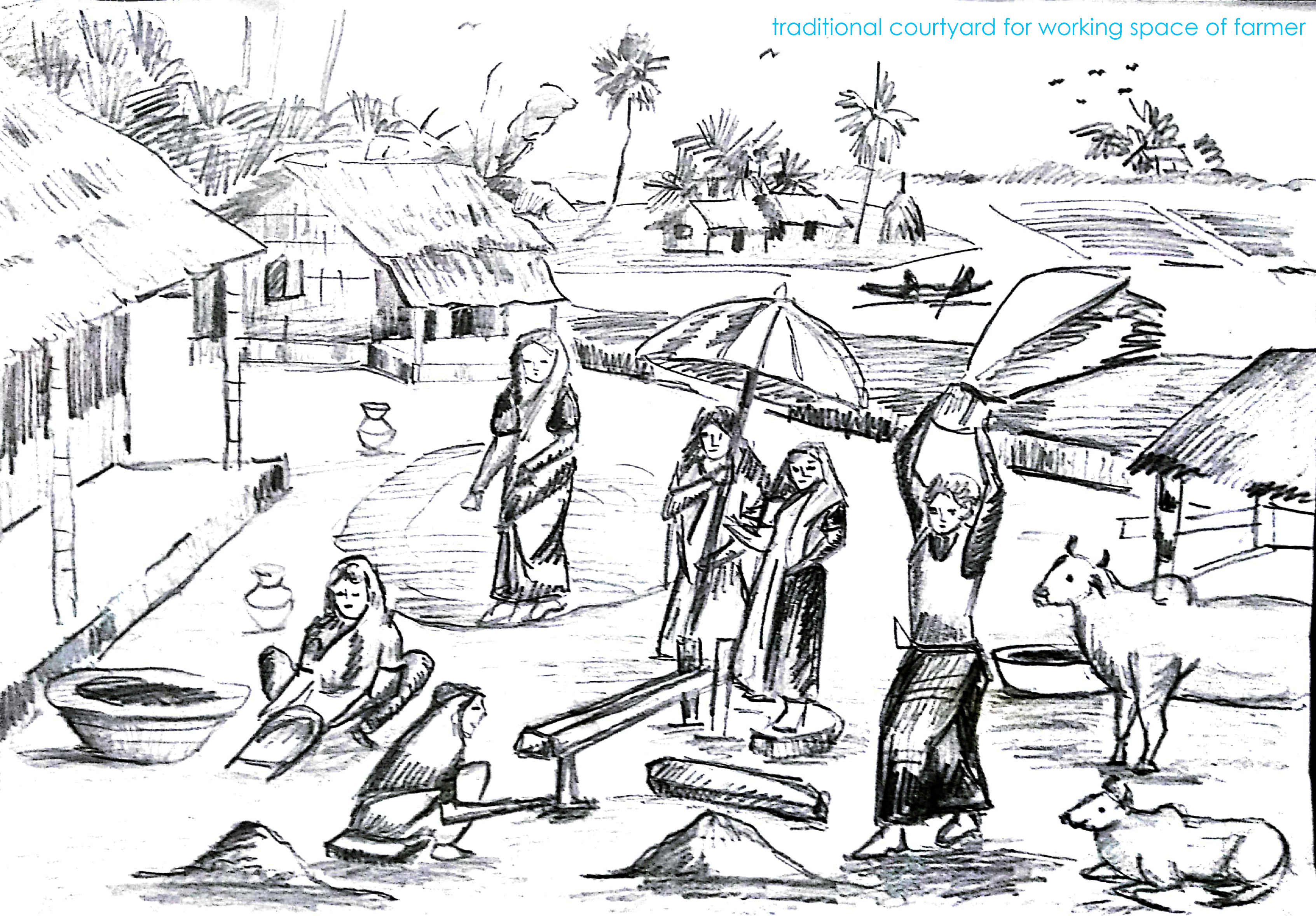 Courtyard-based working spaces supporting collective labor and social interaction among farmers.