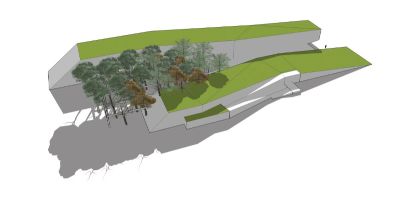 Terraced green roof and ramp system blending the built form with the natural landscape.