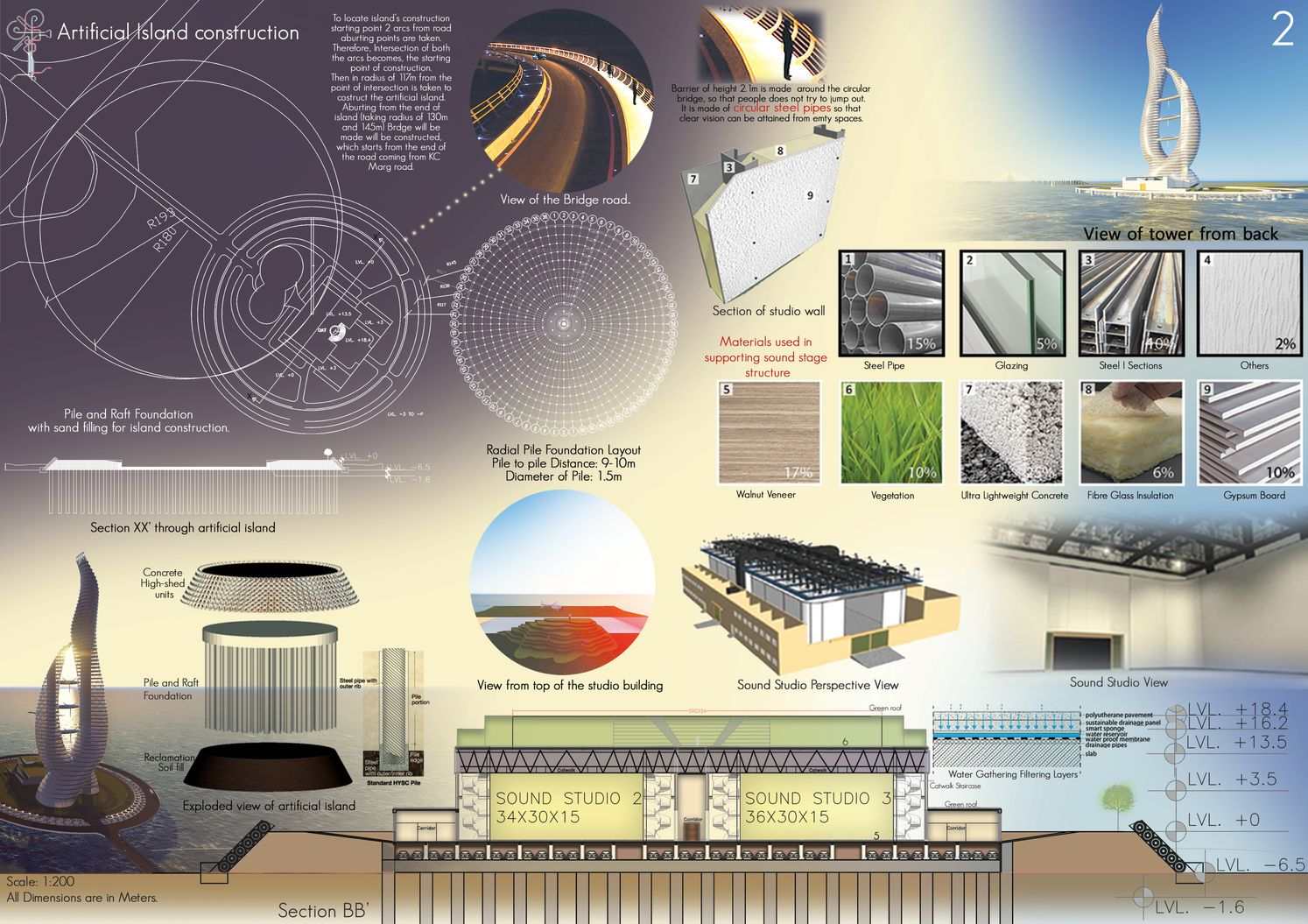 Artificial island construction and foundation strategy, integrating access roads, sound studios, and structural systems beneath the tower.