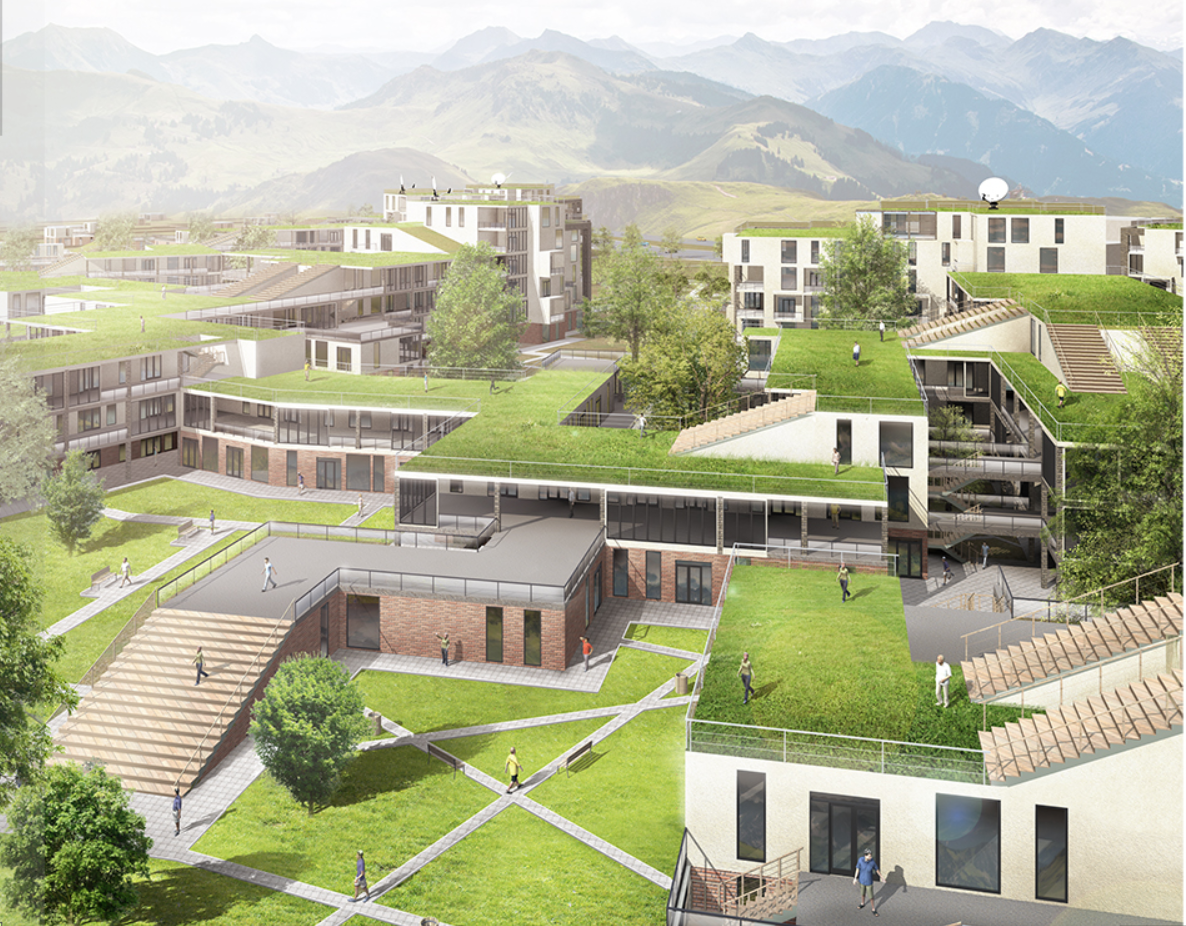 A terraced housing landscape integrating green roofs and communal paths to support sustainable post-war living.