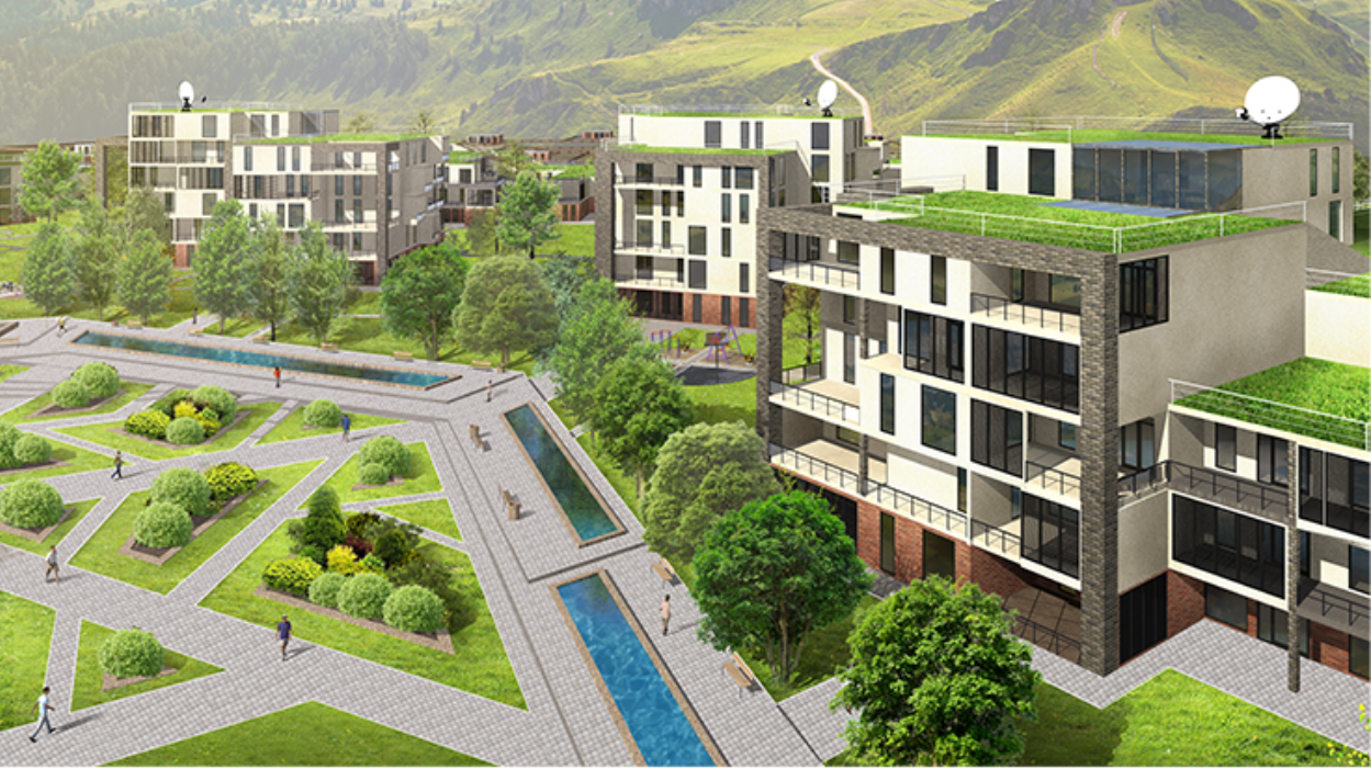 A central public spine with water features and greenery acting as the social heart of the residential community.