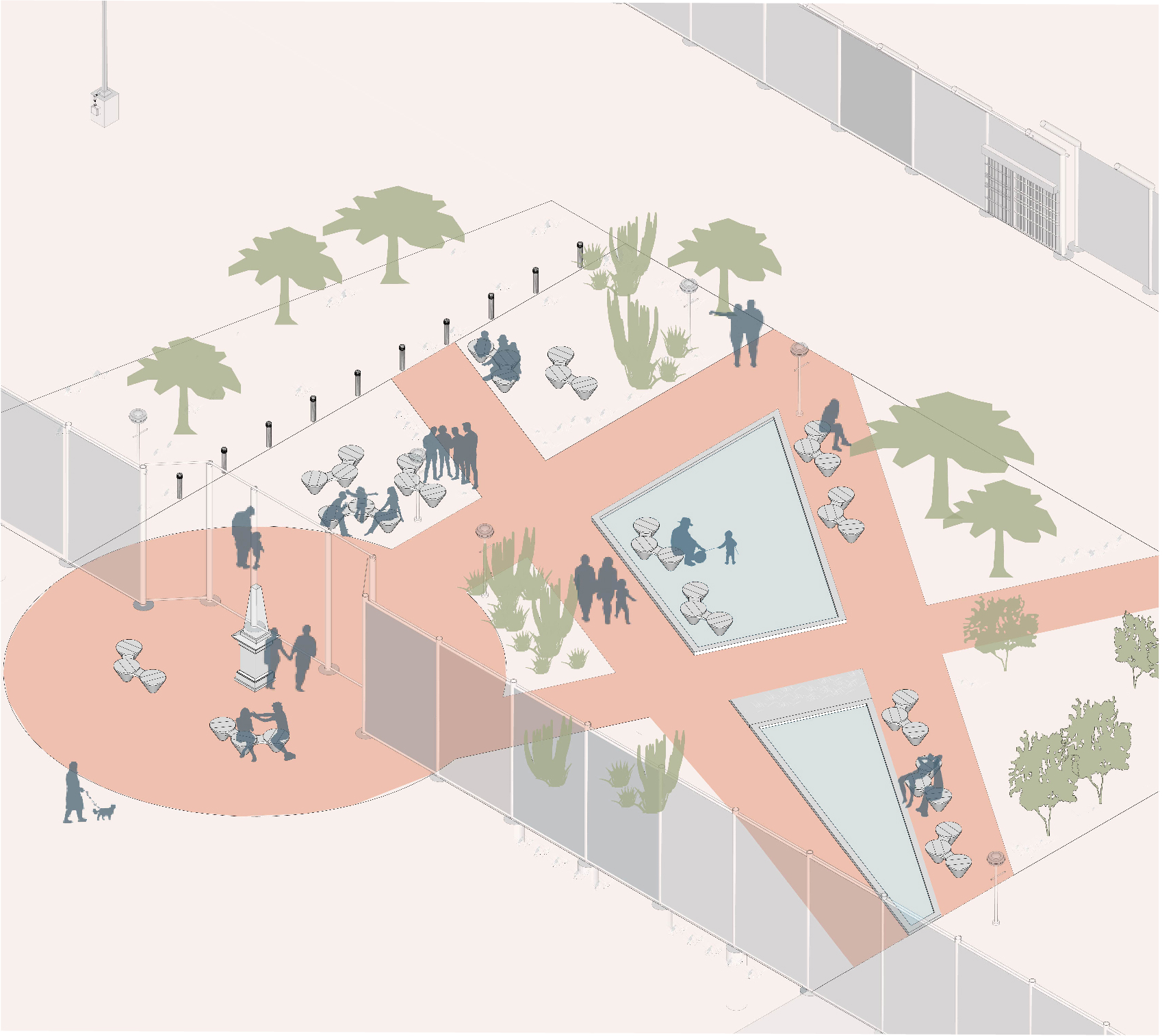 Turning Borders bench prototype combining concrete mass with warm, rotating wooden seating surfaces.