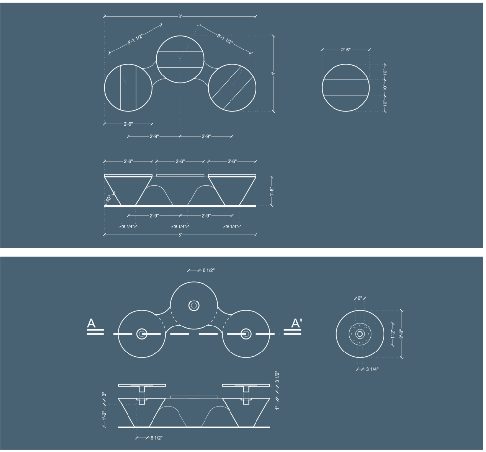 Technical drawings detailing the modular geometry, dimensions, and rotational seating mechanism.