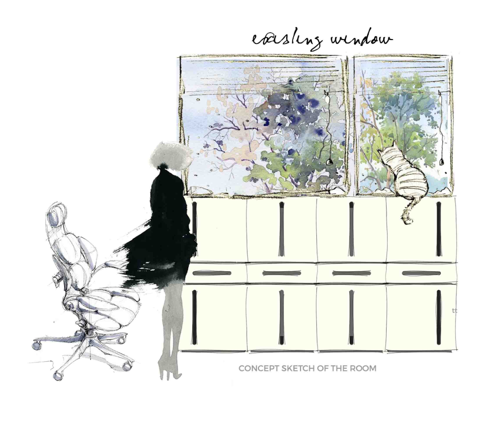 Concept sketch illustrating the furniture aligned with the window to preserve light, views, and spatial openness.