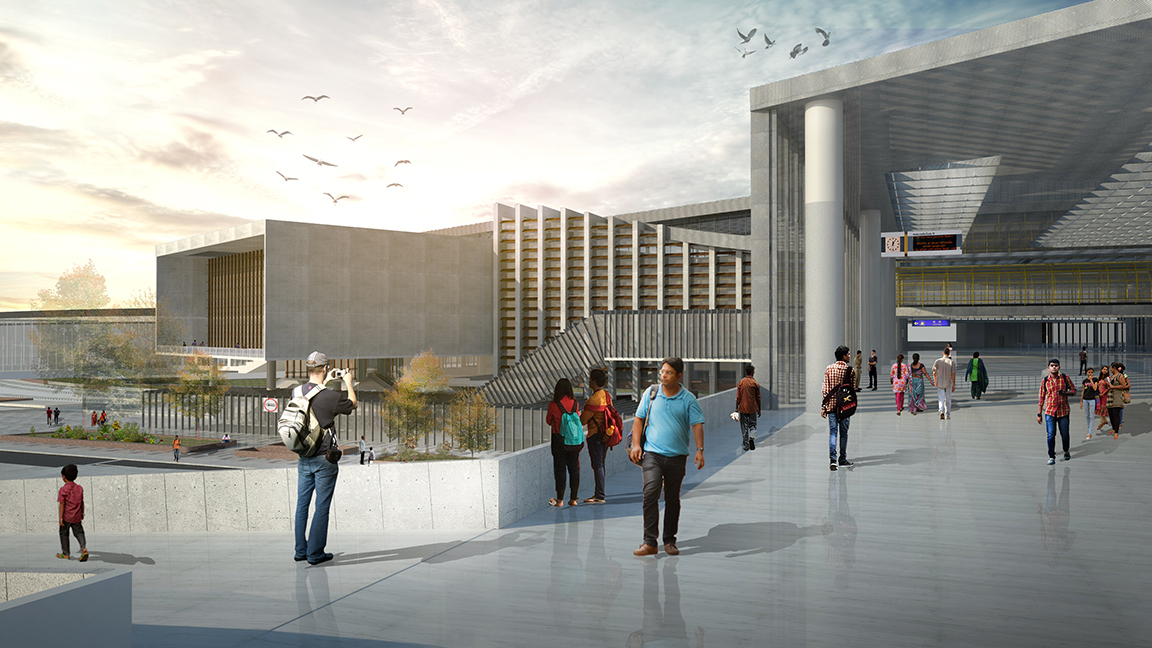 Elevated pedestrian spine integrating multiple transit modes into a single, uninterrupted urban connector.