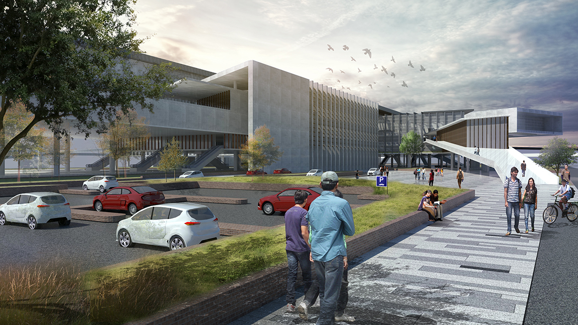 Public plaza and approach space framing the transit hub as an accessible civic foreground.