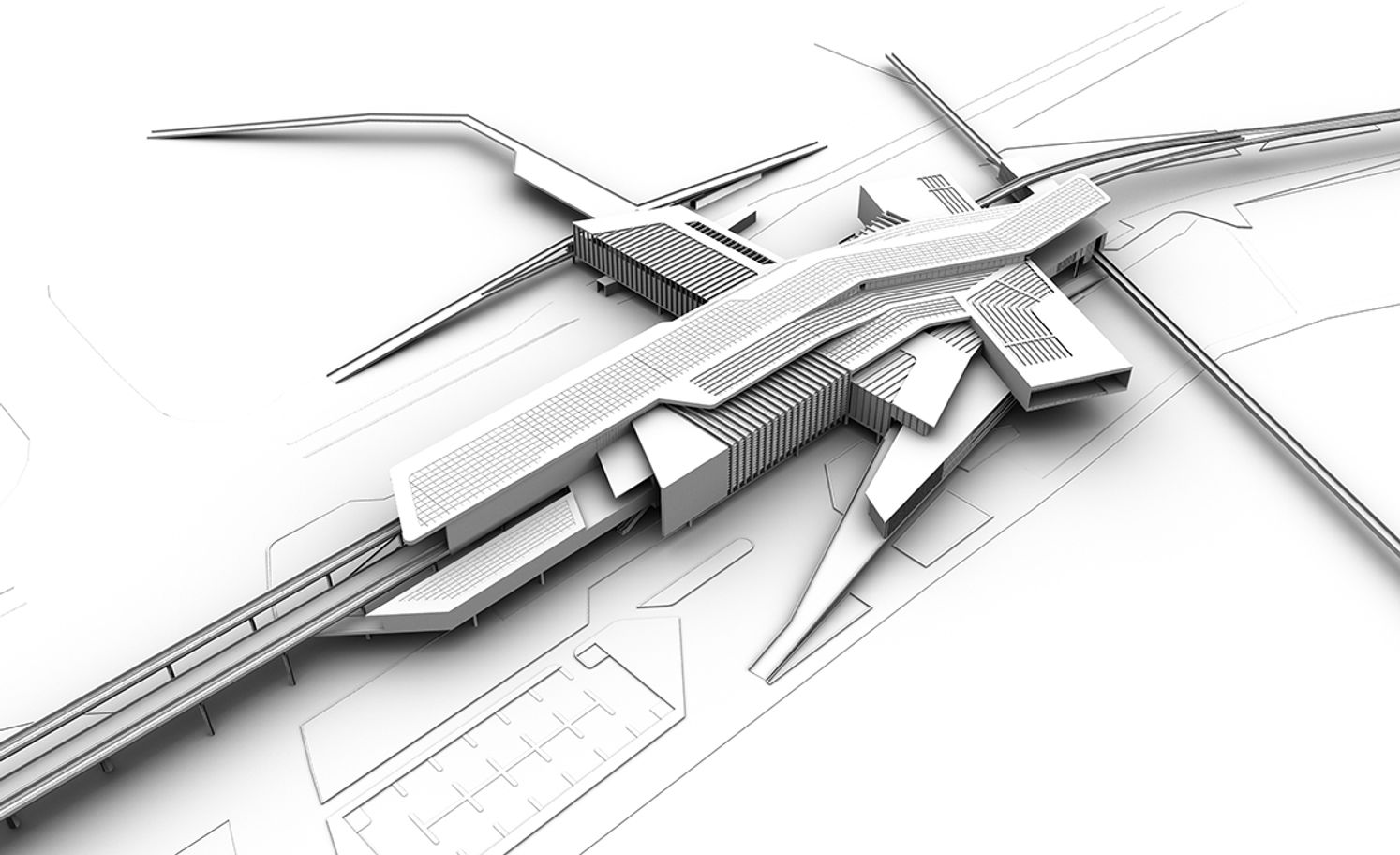 Aerial view illustrating the formalization of an informal pedestrian desire line across rail and highway.