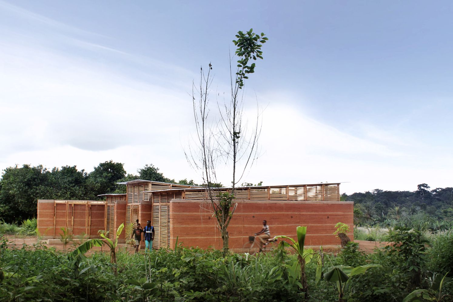 Sustainable school architecture integrated with daily life, blending learning spaces with agriculture and community routines.