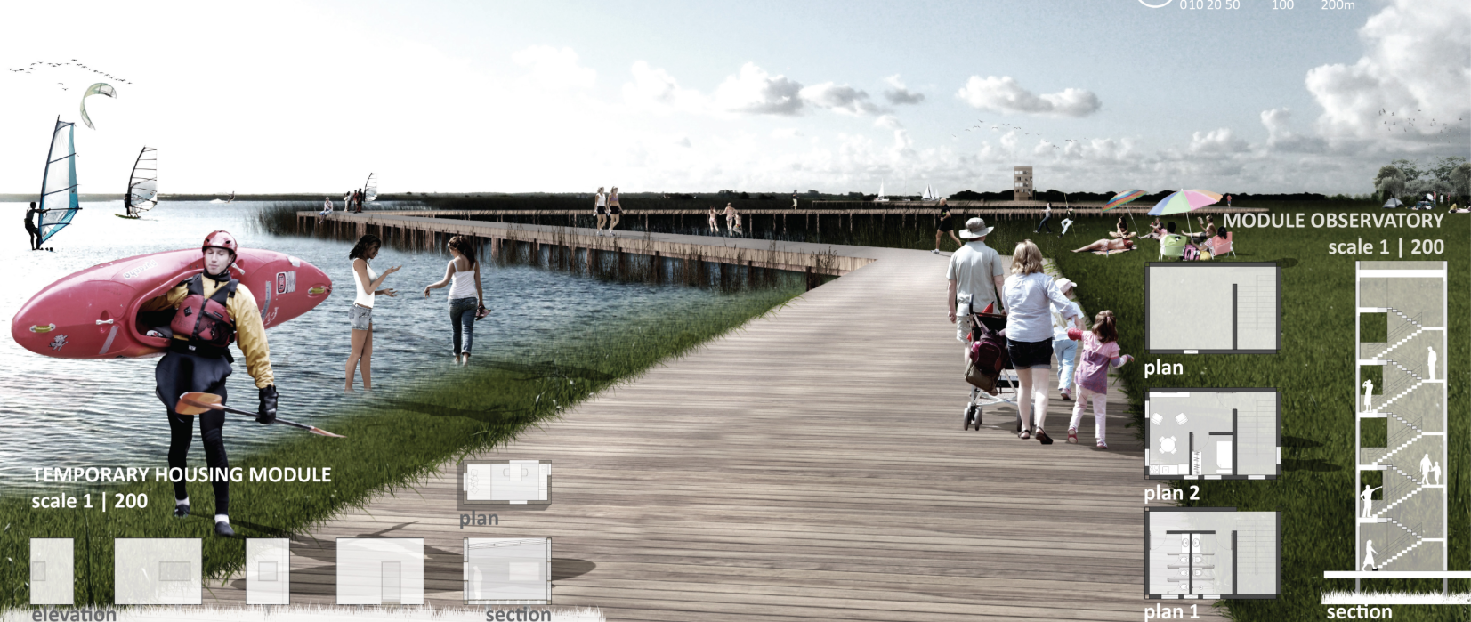 Timber walkways and temporary housing modules activate the lagoon edge, enabling eco-tourism while preserving the wetland ecosystem.