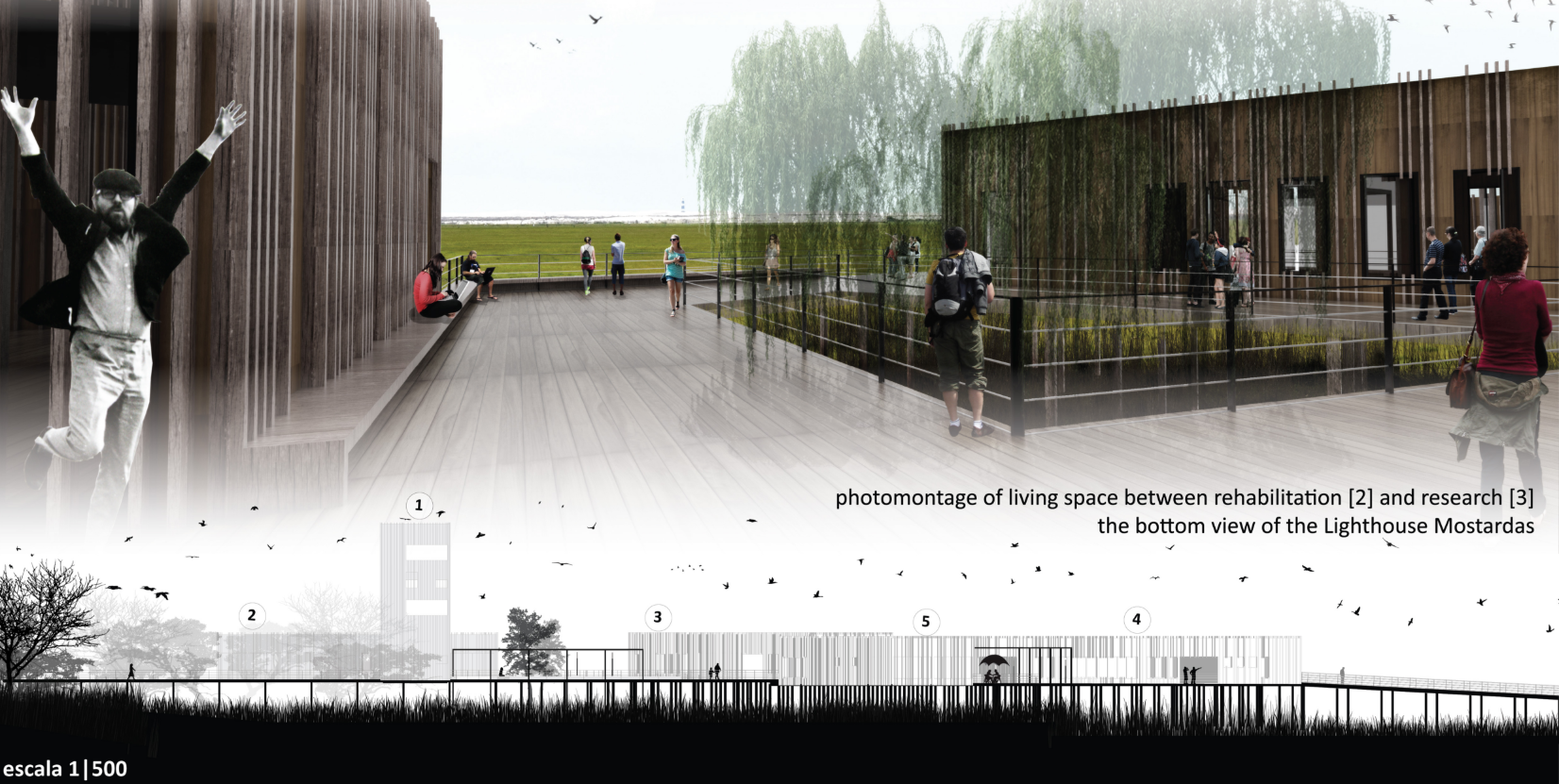 Public living space between rehabilitation and research facilities, integrating education, leisure, and landscape continuity.