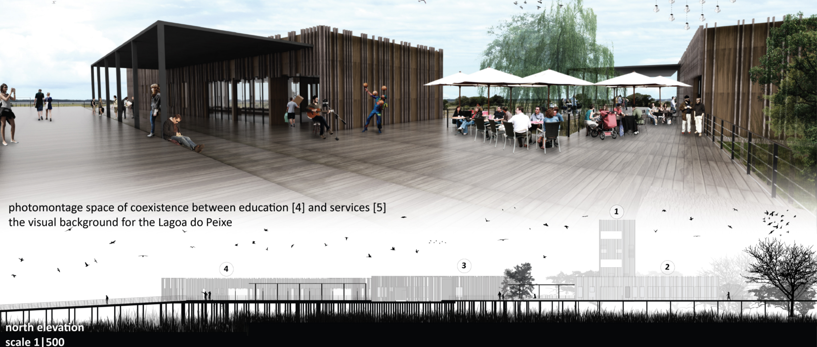 Coexistence zone between educational and service modules, forming a human-scale civic space within the Lagoa do Peixe National Park.