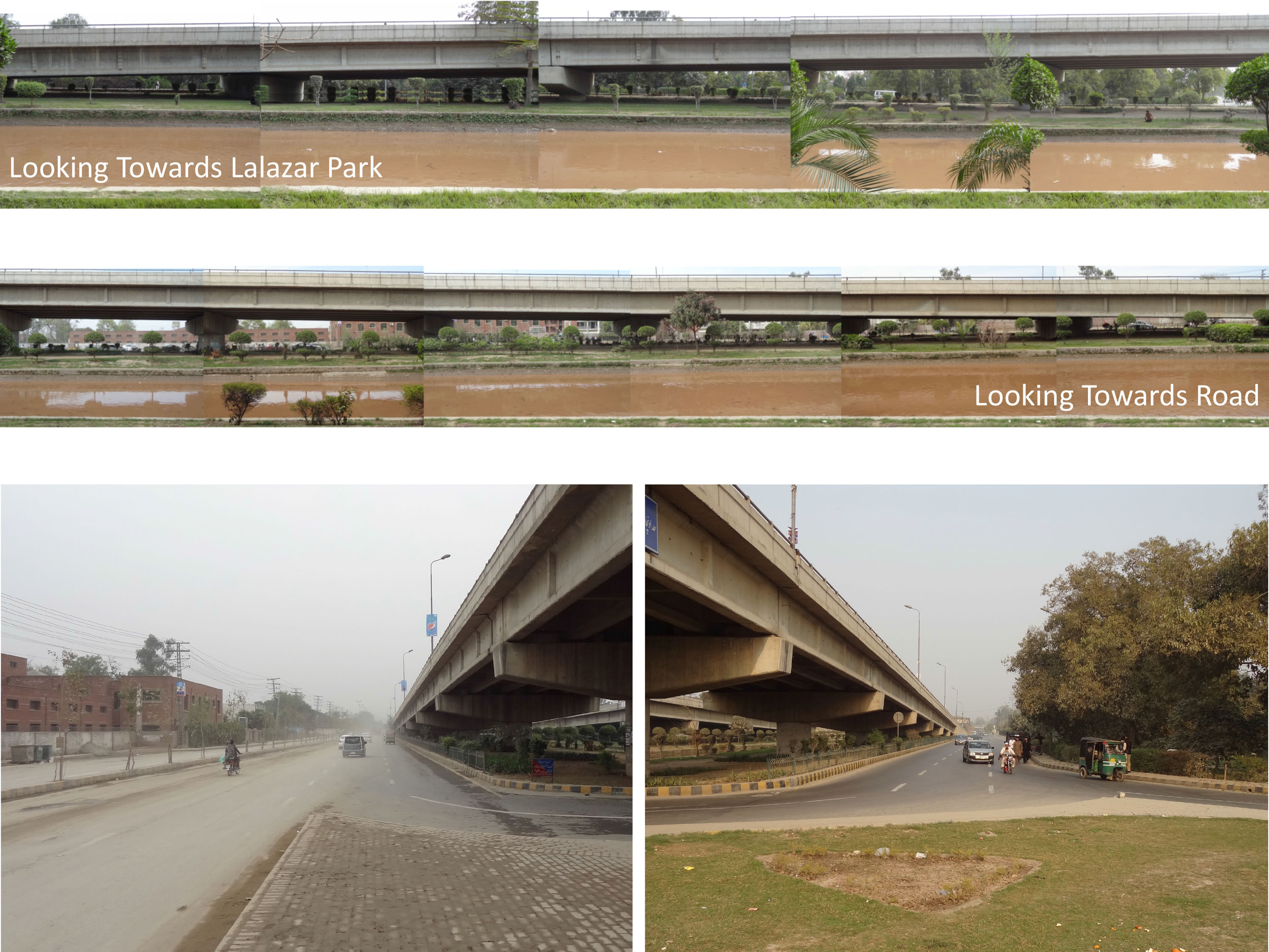 Existing canal edge at Thokar Niaz Baig, visually disconnected from Lalazar Park by elevated infrastructure.