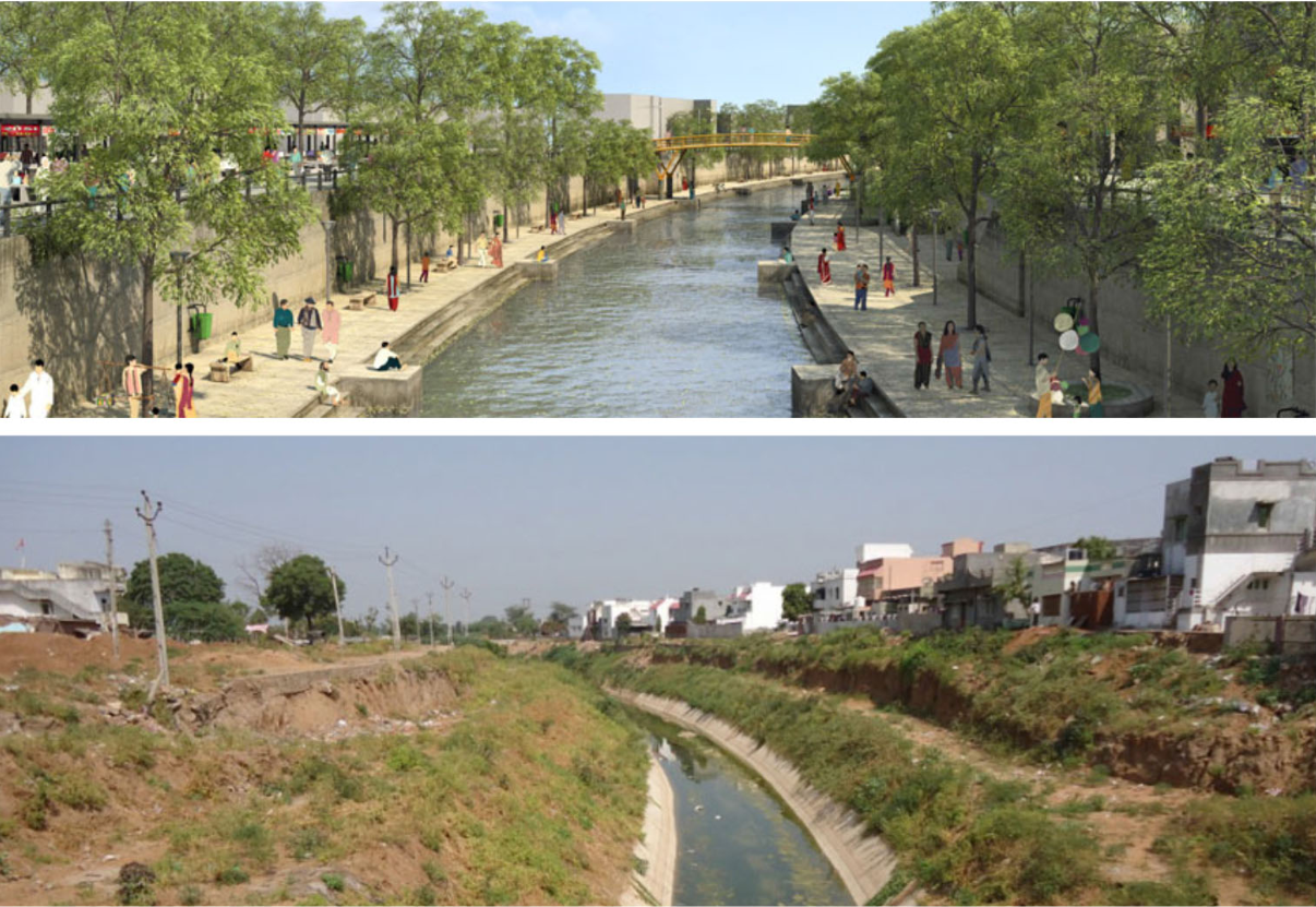 Current condition of the canal showing erosion, limited access, and underutilized waterfront space.